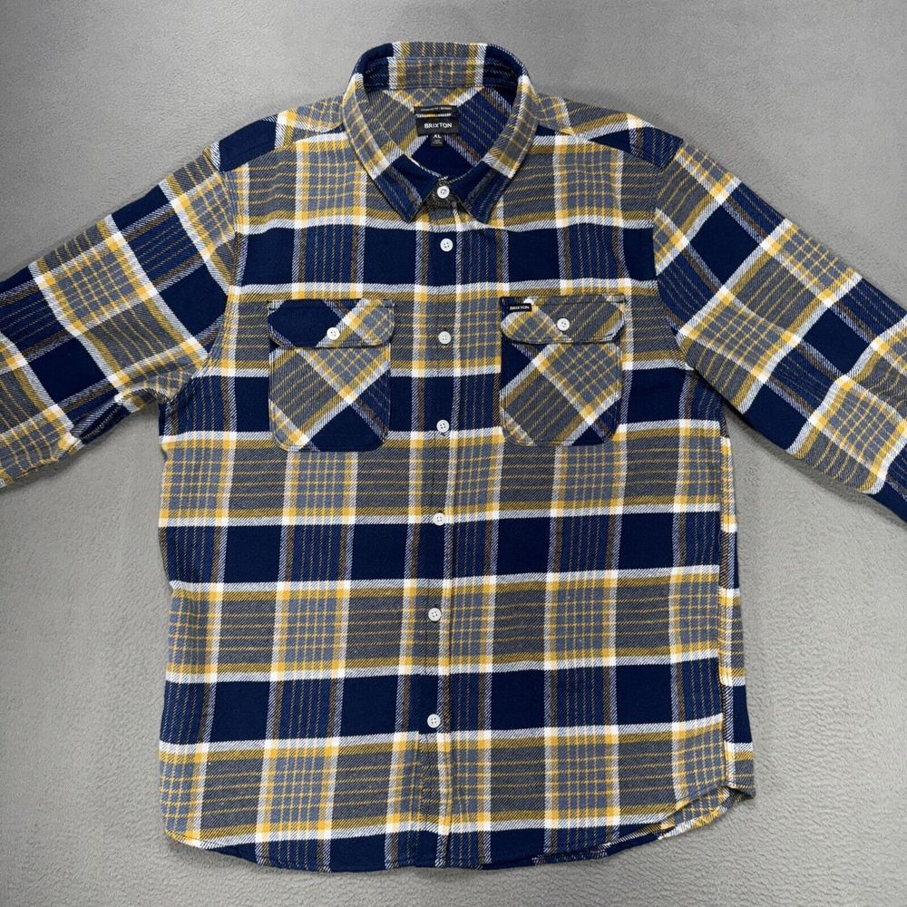 Brixton Bowery Moonlit Ocean Bright Gold Flannel Mens XL Academia Plaid Gorpcore